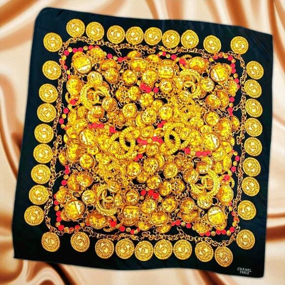 Authentic CHANEL Paris Silk Scarf – Gold Coin & Chain Print – Vintage 1990s –... - Picture 2 of 16